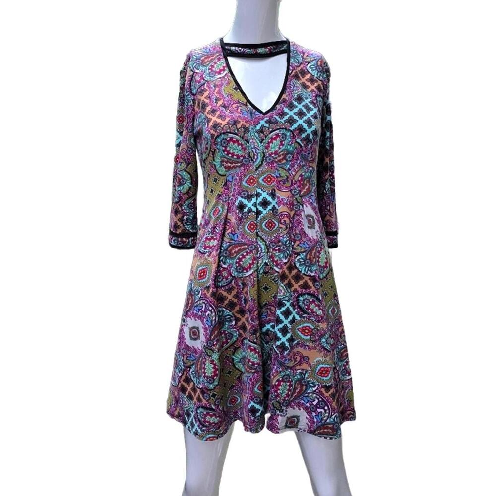 Shelley Klassen Boho Fit and Flair Mini Dress 3/4 Sleeve V-Neck Lined Sm
